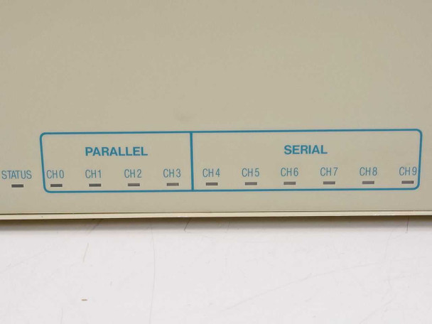 Buffalo Printer Buffer SL – close-up of front-panel channel status strip showing PARALLEL CH0–CH3 and SERIAL CH4–CH9 LED indicators