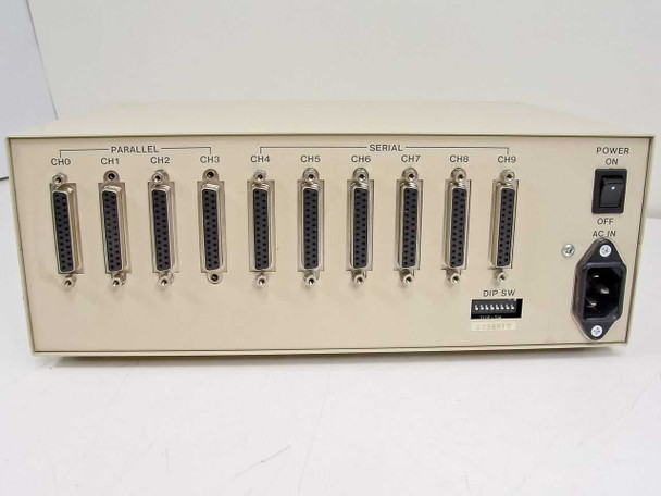Buffalo Printer Buffer SL – full rear panel view showing all 10 DB25 ports labeled CH0–CH9, DIP switch bank, power switch, and IEC AC inlet