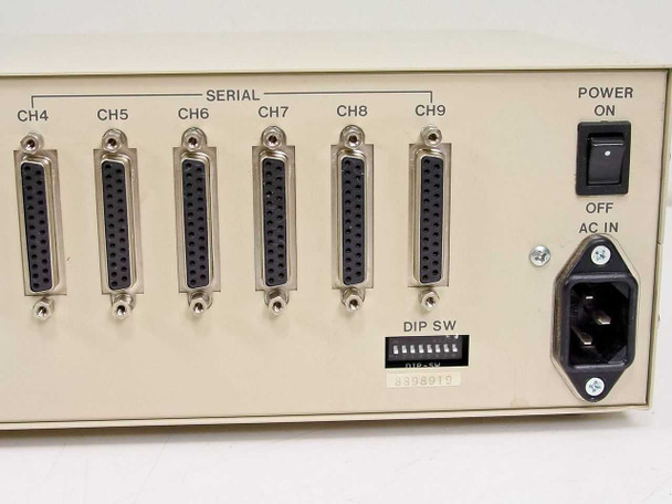 Buffalo Printer Buffer SL – close-up of 6 serial DB25 female connectors labeled CH4–CH9 with DIP switch bank and IEC AC power inlet