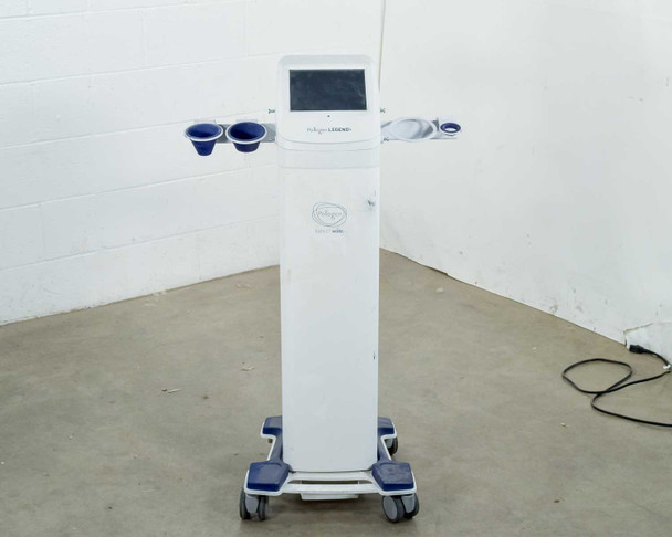 Pollogen Legend+ RF system front view showing touchscreen display and dual applicator arm holders