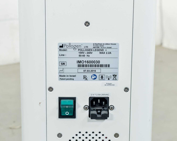 Pollogen Legend+ rear panel label showing model, 100V-240V 2.2A power rating, serial number IMO1600030, and manufacture date 07.03.2016