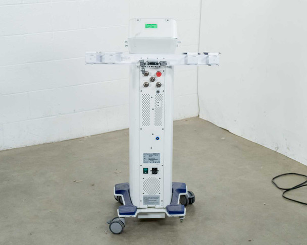 Pollogen Legend+ full rear view showing applicator connection panel, power inlet, ventilation grille, and mobile base