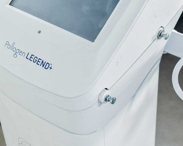 Pollogen Legend+ front panel close-up showing 'Pollogen LEGEND+' branding and touchscreen housing