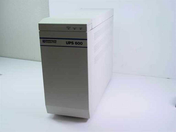 Emerson Computer Power UPS 600 tower UPS front and left side view, light beige enclosure with Emerson logo and UPS 600 label