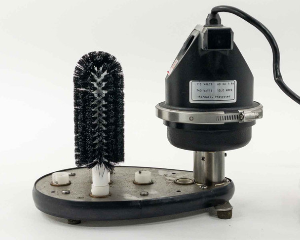 Fisher Scientific FS-100 Labware Washer side view with single brush installed, rating plate visible on motor housing