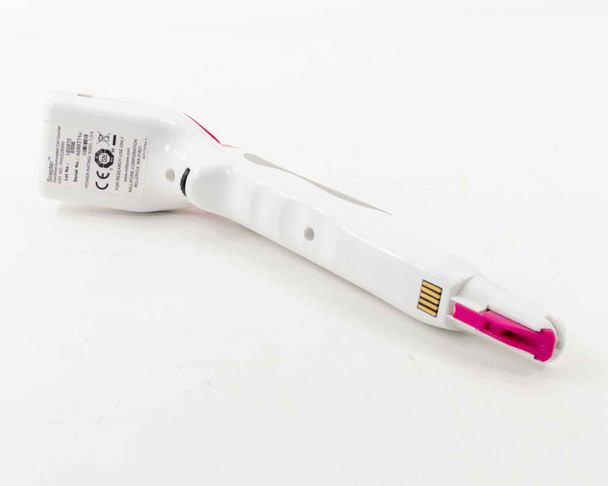Millipore Scepter PHCC00000 – bottom view showing label, USB port connector at tip, and pink sensor attachment port at nose