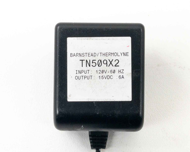 Barnstead Thermolyne TN509X2 AC adapter label showing input 120V-60Hz and output 15VDC 0.6A