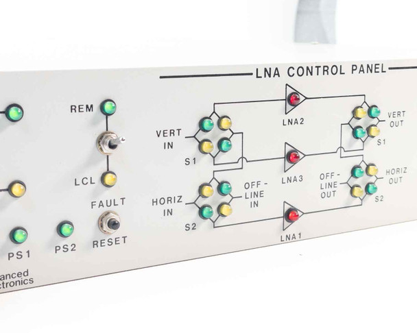 LNA Control Panel 573874-1 front panel close-up — left section showing AUTO, MAN, LAMP, TEST, PS1, PS2, RESET controls and LNA switching matrix with REM/LCL indicators