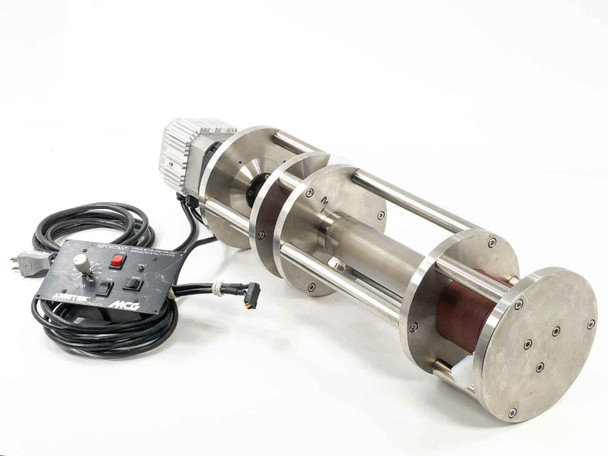 Ametek Pittman 3482-MAC5115 Brushless DC Motor with MCG control panel and stainless steel screw pump assembly – full horizontal view from left side
