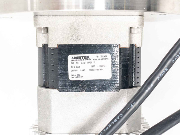 Ametek Pittman 3482-MAC5115 motor label closeup showing Part No. 3482-MAC5115, rated 120 VAC, 3450 RPM, MFG code and date code
