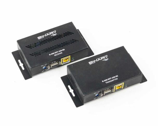 Binary B-500-EXT-230-RS 500 Series HDBaseT HDMI Extender — front view of Receiver (left) and Transmitter (right) showing Binary logo and model labels