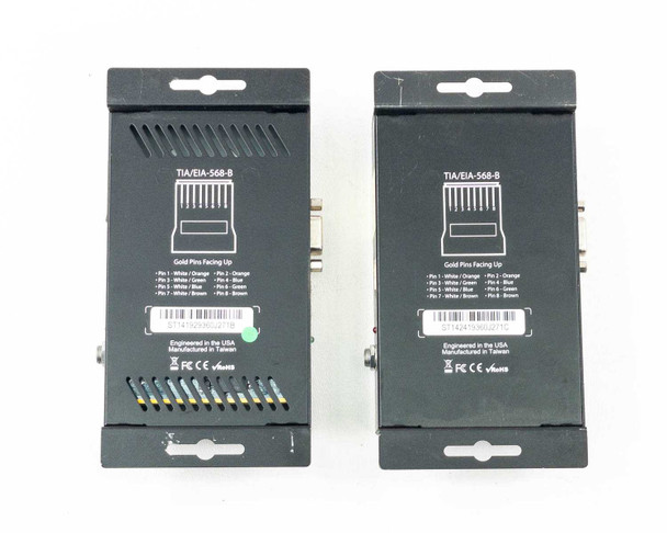 Binary B-500-EXT-230-RS HDBaseT Extender — rear/bottom view of both units showing TIA/EIA-568-B wiring diagram, compliance markings (FCC CE), and 'Engineered in USA, Manufactured in Taiwan' label