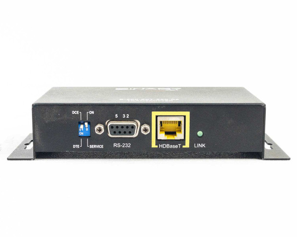 Binary B-500-EXT-230-RS HDBaseT Extender Transmitter — close-up of RS-232 DB9 port with DCE/DTE/SERVICE switch, yellow HDBaseT RJ45 port labeled 'HDBaseT', and green LINK LED