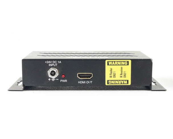 Binary B-500-EXT-230-RS HDBaseT Extender Receiver — close-up of +24V DC 1A INPUT barrel jack with red PWR LED, HDMI OUT port, and yellow IR WARNING labels