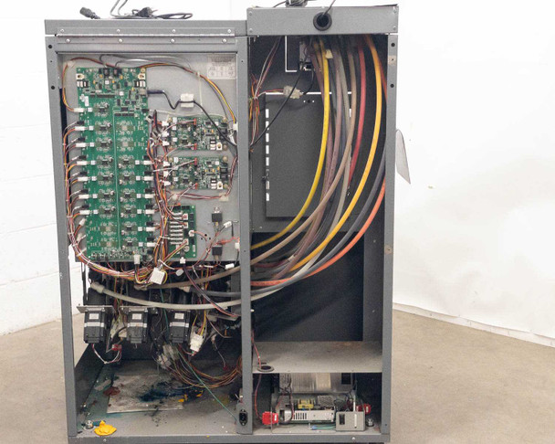 Accutinter 1600HS fully opened cabinet – PCBs on left panel, wiring harness on right, power supply visible at base