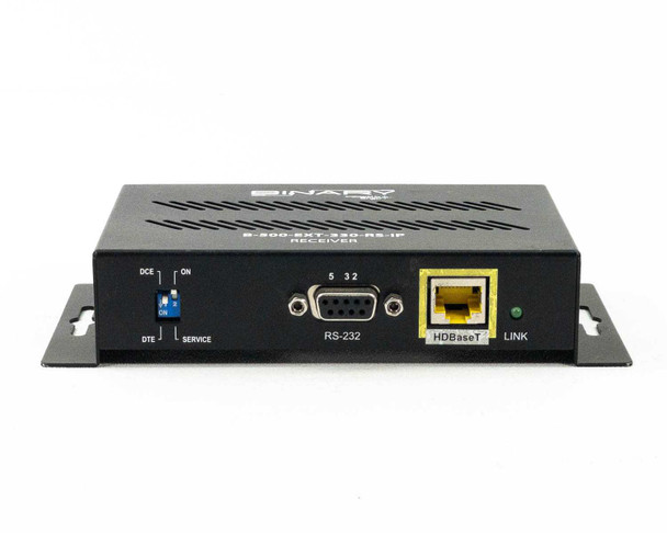 Binary B-500-EXT-330-RS-IP Receiver – front panel close-up showing DCE/DTE switch, RS-232 DB9 port, and HDBaseT RJ-45 with LINK LED