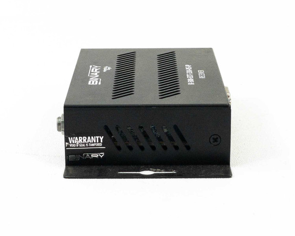 Binary B-500-EXT-330-RS-IP Receiver – left side view showing venting and Binary warranty seal label