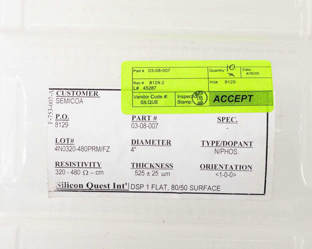 Silicon Quest International wafer carrier label closeup showing Part 03-08-007, SEMICOA customer, 4N0320-480PRM/FZ lot, ACCEPT inspection stamp, DSP 1 Flat 80/50 Surface designation