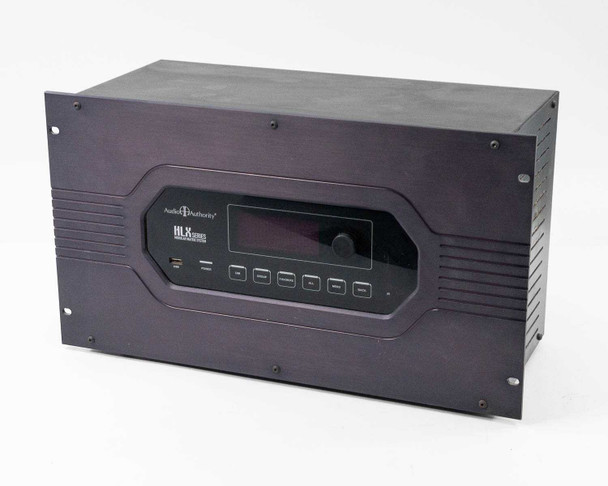 Audio Authority HLX Series modular matrix switcher — 3/4 front-left view showing 6U rack chassis and front panel display