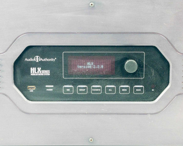 Audio Authority HLX front panel close-up — display showing 'HLX Version 2.2.0', rotary encoder, USB port, and control buttons
