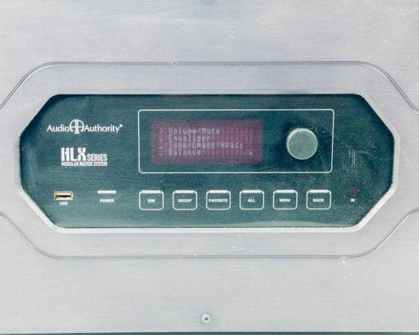 Audio Authority HLX front panel display showing menu options: Volume/Mute, Equalizer, Tone/LPass/HPass, Balance