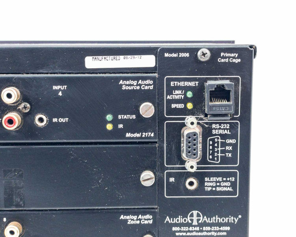 Audio Authority HLX rear panel close-up — Model 2174 Analog Audio Source Card with RCA inputs, IR OUT, Ethernet (LINK/ACTIVITY/SPEED), RS-232 Serial, and IR jack; manufacture date label 08/29/12 visible