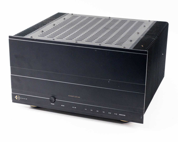 Sonance SONAMP 1250 MKII 12-channel amplifier — front panel three-quarter view showing black chassis and gold feet