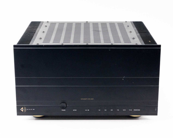 Sonance SONAMP 1250 MKII front panel view showing power button, Active and A.C. On indicator LEDs, and channel indicators