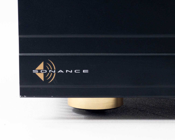 Sonance SONAMP 1250 MKII — close-up of front lower-left corner showing Sonance logo and gold isolation foot