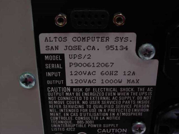 Altos UPS/2 close-up of rear rating label: Model UPS/2, Input 120VAC 60Hz 12A, Output 120VAC 1000W Max, Altos Computer Systems San Jose CA