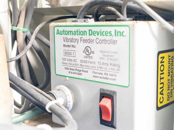 Automation Devices Inc. Vibratory Feeder Controller Model 6000.1 label – 120V AC, 50/60Hz, 15A rating, UL listed, Fairview PA