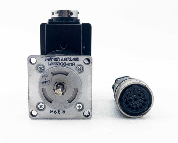AeroTech 101-SMB2-HM stepper motor base flange with Part No. 4873462 and LA23DG8-01R label and detached connector beside unit