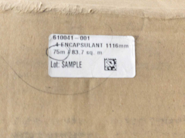 Box label close-up: part number 610041-001, ENCAPSULANT 1116mm, 75m / 83.7 sq m, Lot: SAMPLE