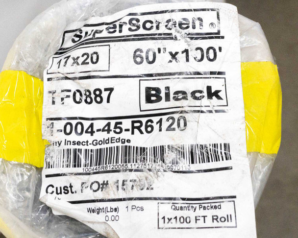 Super Screen end label showing 17x20 mesh, 60"x100', TF0887, Black, part number 1-004-45-R6120, Tiny Insect-GoldEdge, 1x100 FT Roll