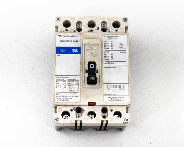 AutomationDirect F3P 35k 100A 600V 3-Pole Molded Case Circuit Breaker – front face showing model label, On/Off toggle, and rating plate
