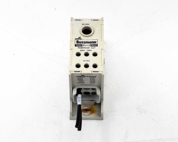 Cooper Bussmann PDBFS330 Cu7 Power Distribution Block – front face showing label with 600V 380A rating and 3/8 and 1/8 HEX callouts
