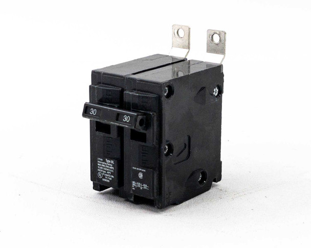 Siemens B230 Type BL 2-pole 30A circuit breaker – right-front angle view showing twin 30A handles and lug terminals