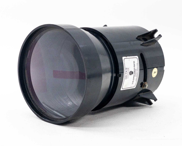 U.S. Precision Lens Delta II CRT projection focusing lens — front three-quarter view showing glass element and black barrel with mounting tabs