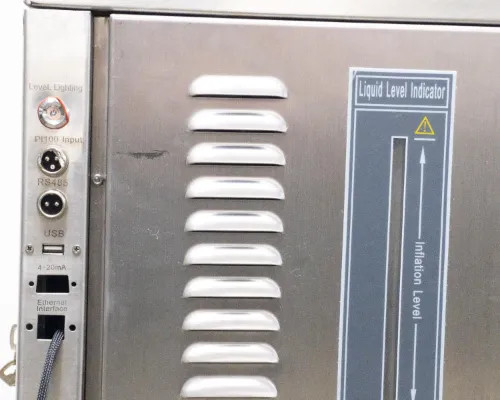 Lneya Sundi-125 side panel I/O detail showing labeled ports: Level Lighting, PT100 Input, RS485, USB, 4-20mA, and Ethernet Interface connections, plus Liquid Level Indicator graphic with Inflation Level marking