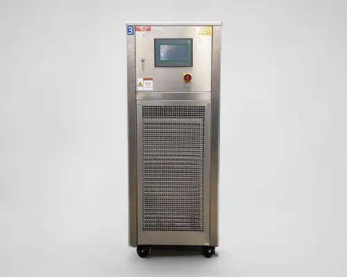 Lneya SUNDI-255 cooling and heating machine direct front view showing full stainless steel cabinet with mesh ventilation grille and touchscreen control panel