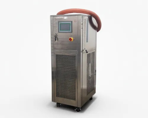 Lneya Sundi-255 recirculation chiller front-left three-quarter view showing stainless steel cabinet, HALIO touchscreen, emergency stop button, and orange silicone hose looped over the top