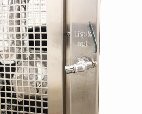 Close-up of stainless 'Liquid out' port with ball valve and quick-connect fitting on right side lower panel of Lneya Sundi-255