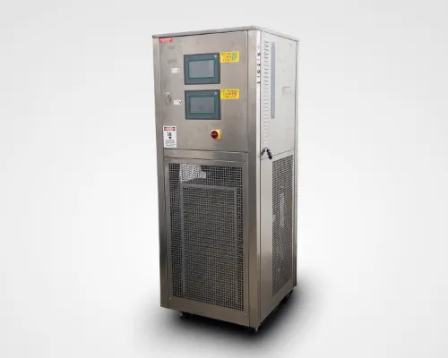 Lneya Sundi-225-2TN cooling heating chiller – front three-quarter view showing stainless steel enclosure and dual touchscreen HMI panels