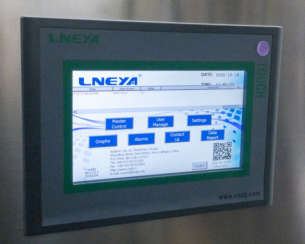 Lneya LNEYA touchscreen HMI main menu screen showing Master Control, User Manage, Settings, Graphs, Alarms, Contact Us, and Data Report buttons with date displayed