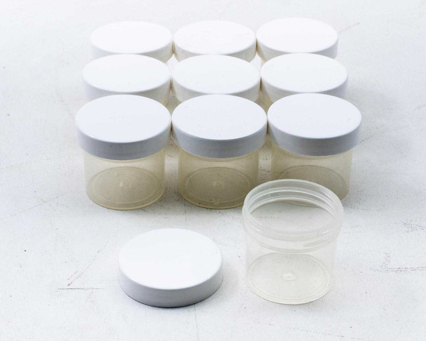 Ten Parkway Plastics A0530200PPC 2oz 53mm clarified polypro jars laid flat with white lids, one jar shown open in foreground