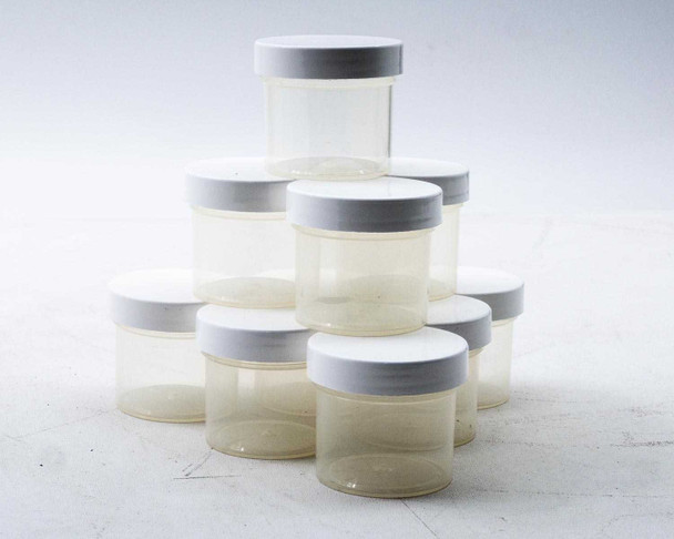 Parkway Plastics A0530200PPC 2oz 53mm clarified polypro jars stacked in pyramid with white lids – alternate angle view of all 10