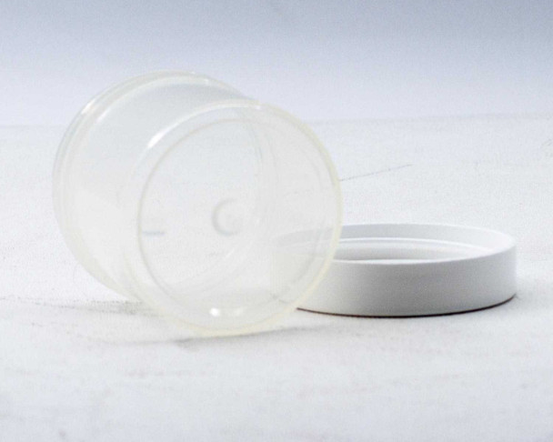 Bottom view of Parkway Plastics A0530200PPC 2oz clarified polypropylene jar tipped on its side, showing base and white screw-on lid