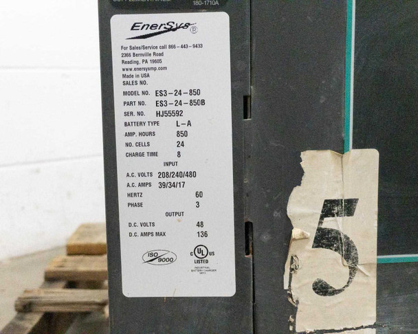 EnerSys ES3-24-850B rating plate showing model ES3-24-850, part number ES3-24-850B, 208/240/480V AC input, 48V DC output, 850Ah, 3-phase, 60Hz