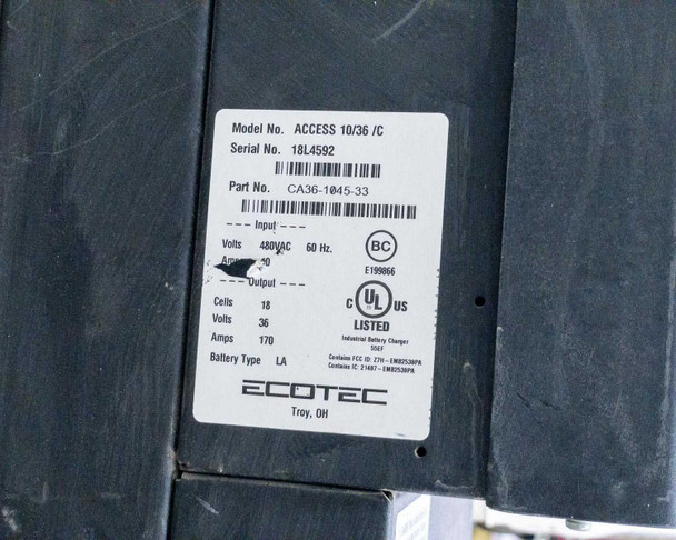 PowerHouse ACCESS 10/36/C rating plate label — model ACCESS 10/36/C, part CA36-1045-33, 480VAC 60Hz 20A input, 36V 170A output, 18 cells, LA battery type, Ecotec Troy OH