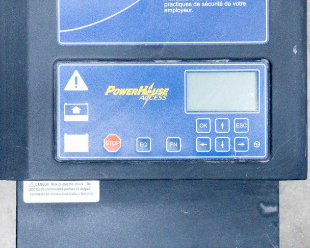 PowerHouse ACCESS front panel closeup — digital LCD display and keypad with OK, ESC, EQ, FN and arrow keys, PowerHouse ACCESS logo in yellow